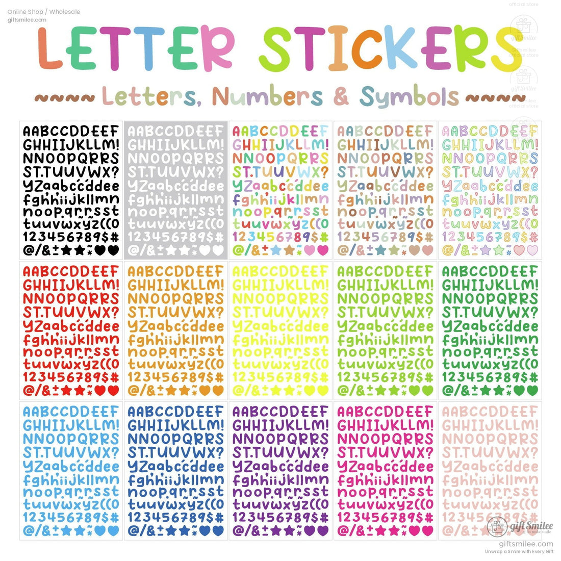 Multicolor letter sticker sheets with uppercase lowercase numbers and symbols in vibrant tones on a white background