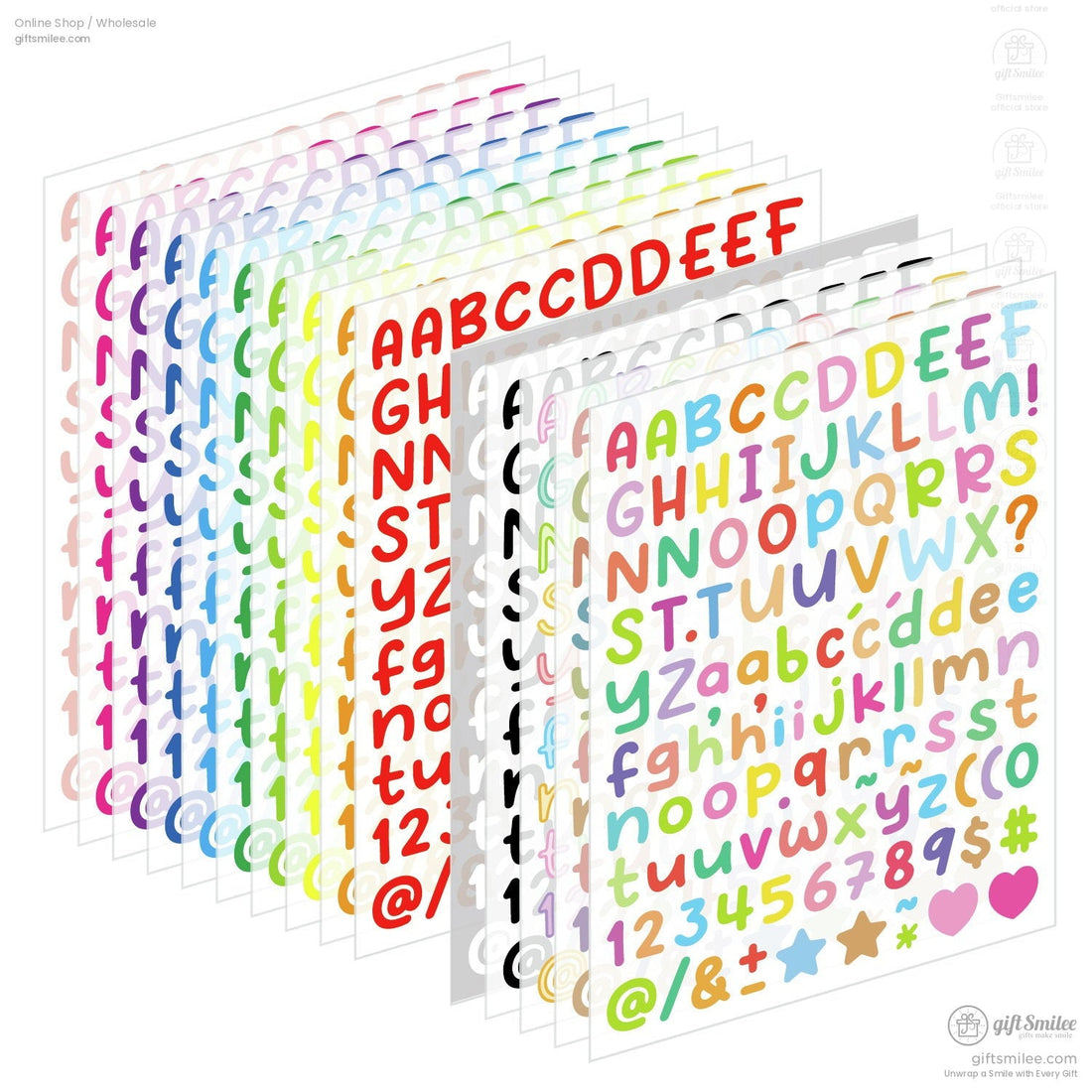 Multicolor letter sticker sheets with uppercase lowercase numbers and symbols in vibrant tones on a white background