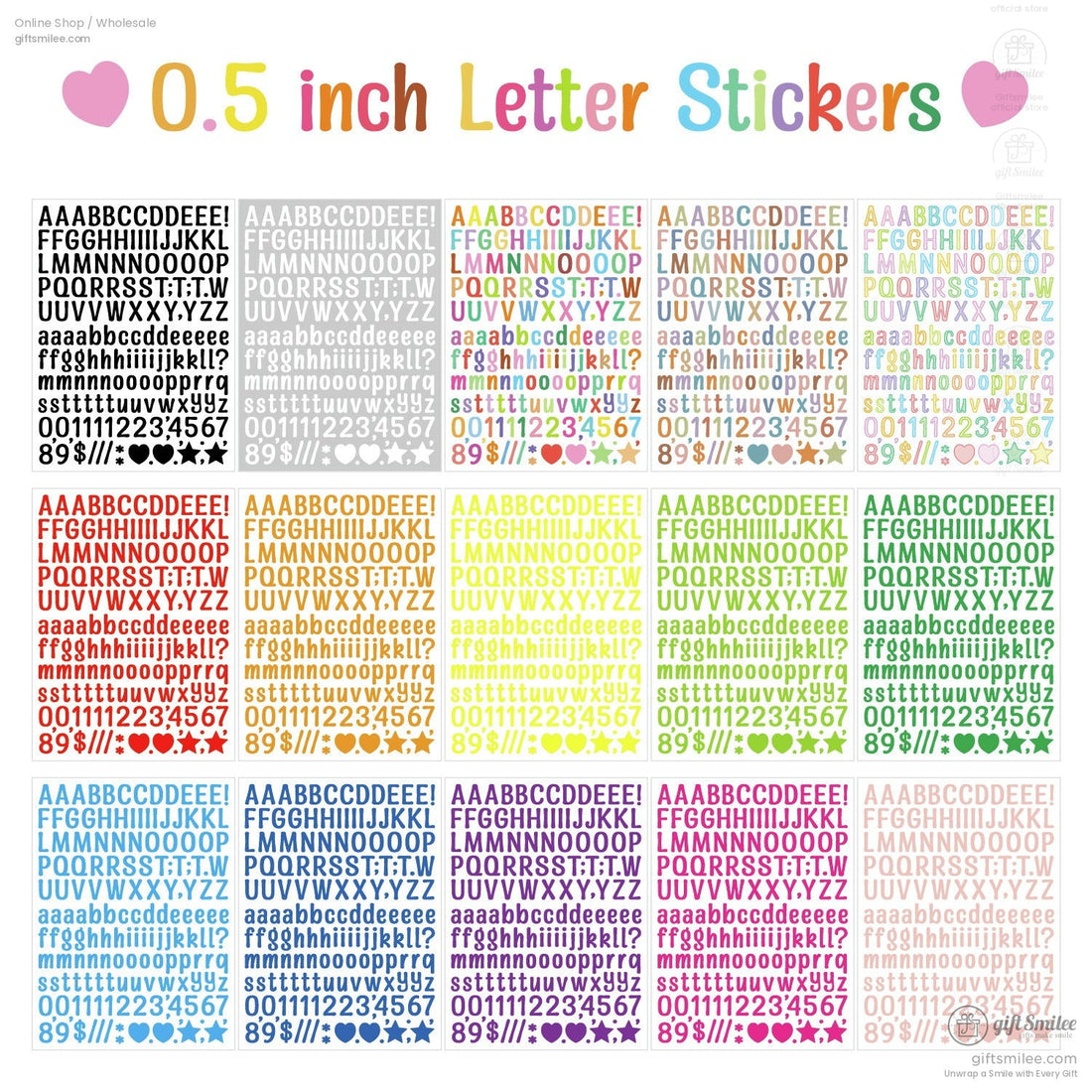 Assorted pastel and bold alphabet sticker sheets with uppercase lowercase letters numbers and symbols in vibrant colors