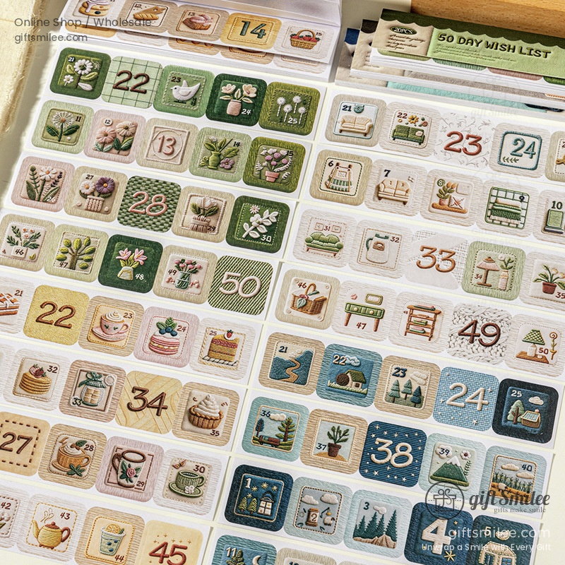 Embroidery-Texture Numbered 50-Day Matte Sticker Book | KS-SA-4383