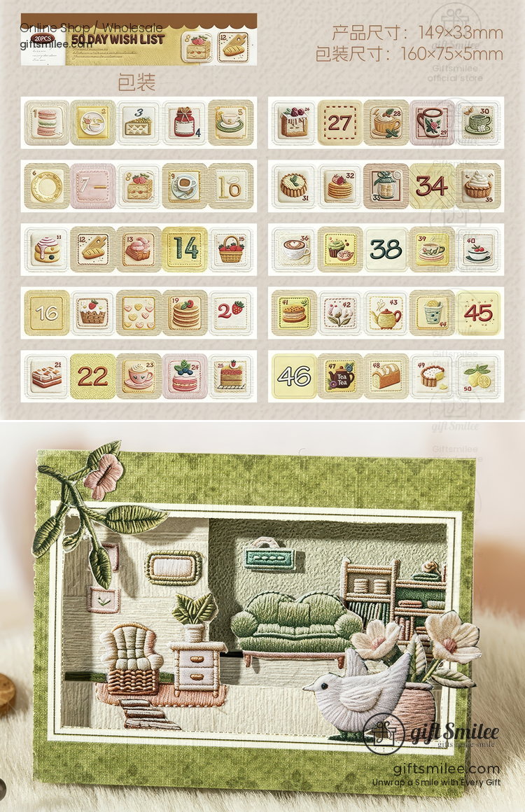 Embroidery-Texture Numbered 50-Day Matte Sticker Book | KS-SA-4383