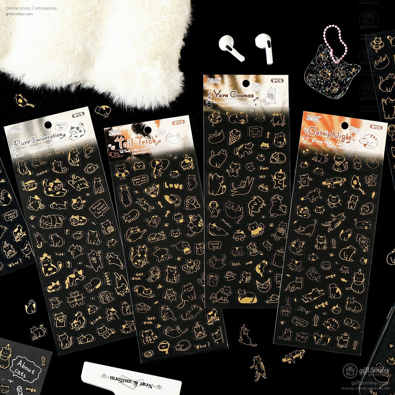 Gold-Foil Pet Transparent Cat Doodles Decorative Stickers | KS-SA-4385