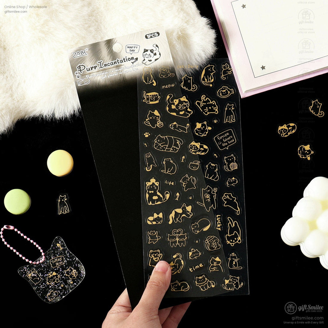 Gold-Foil Pet Transparent Cat Doodles Decorative Stickers | KS-SA-4385