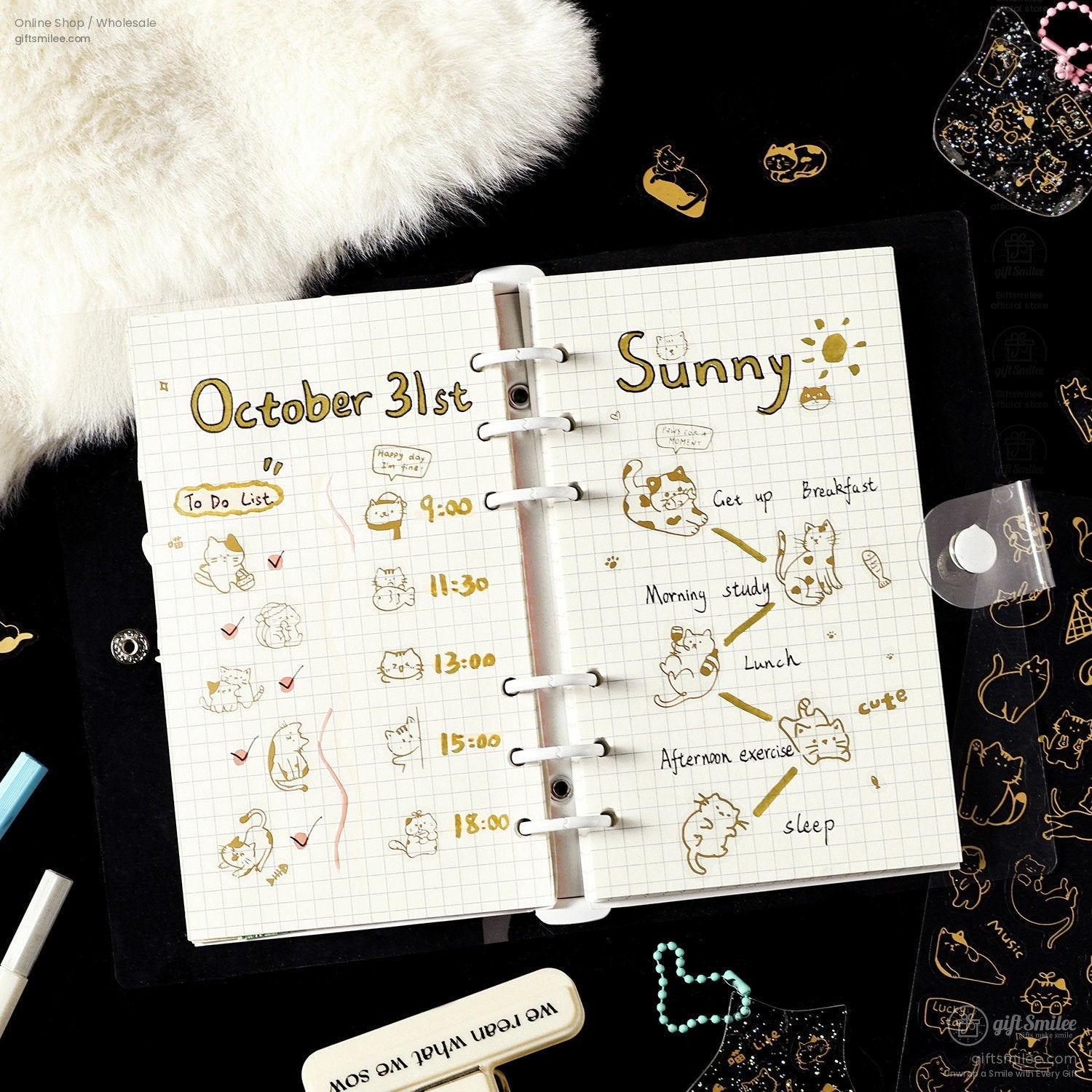 Gold-Foil Pet Transparent Cat Doodles Decorative Stickers | KS-SA-4385