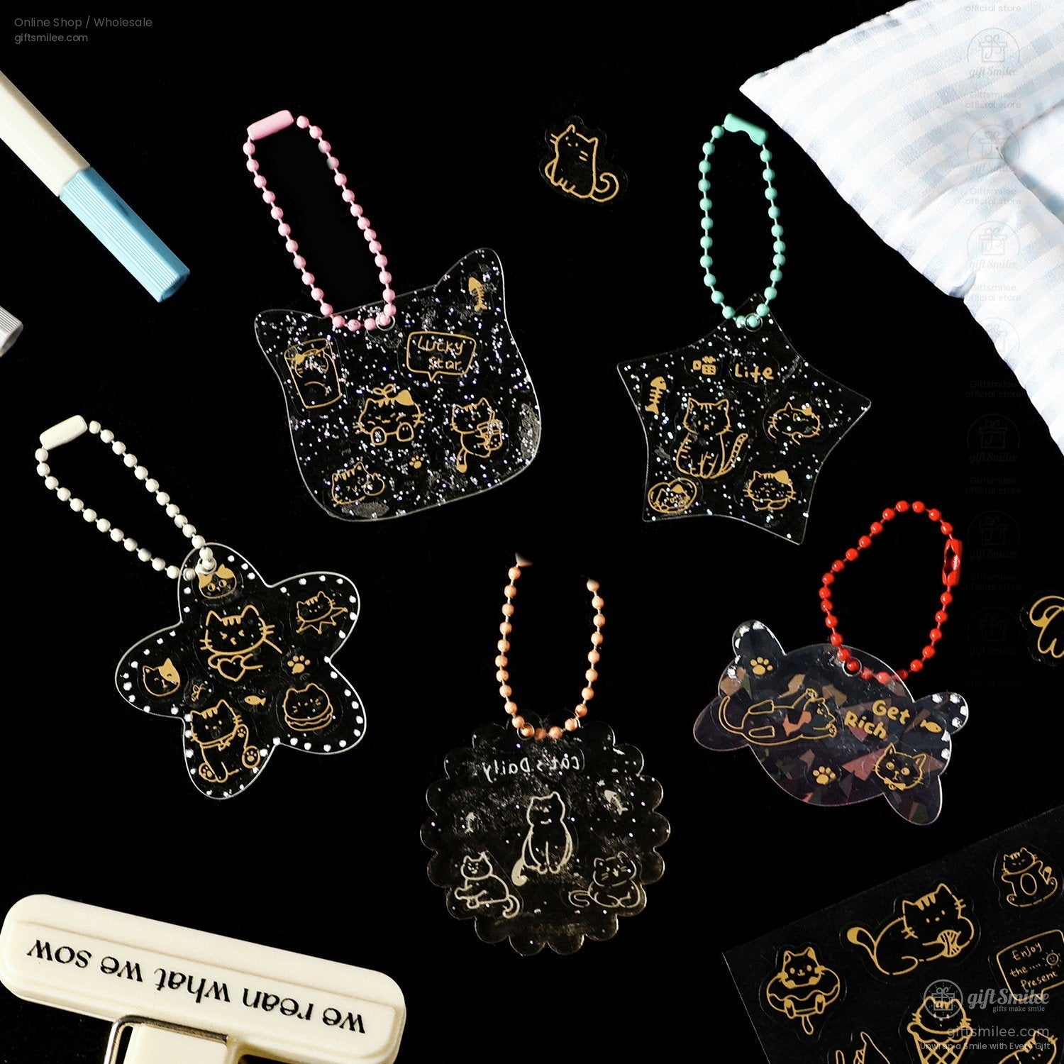 Gold-Foil Pet Transparent Cat Doodles Decorative Stickers | KS-SA-4385