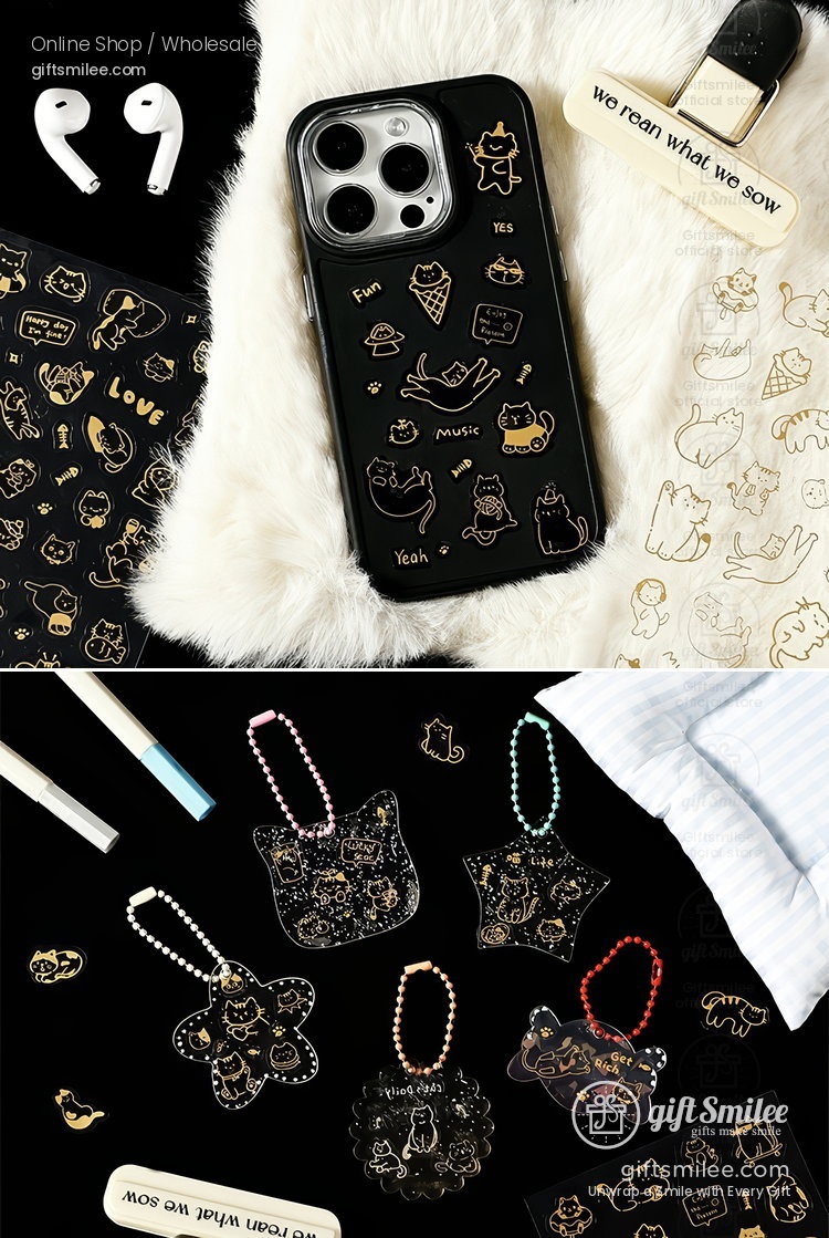Gold-Foil Pet Transparent Cat Doodles Decorative Stickers | KS-SA-4385