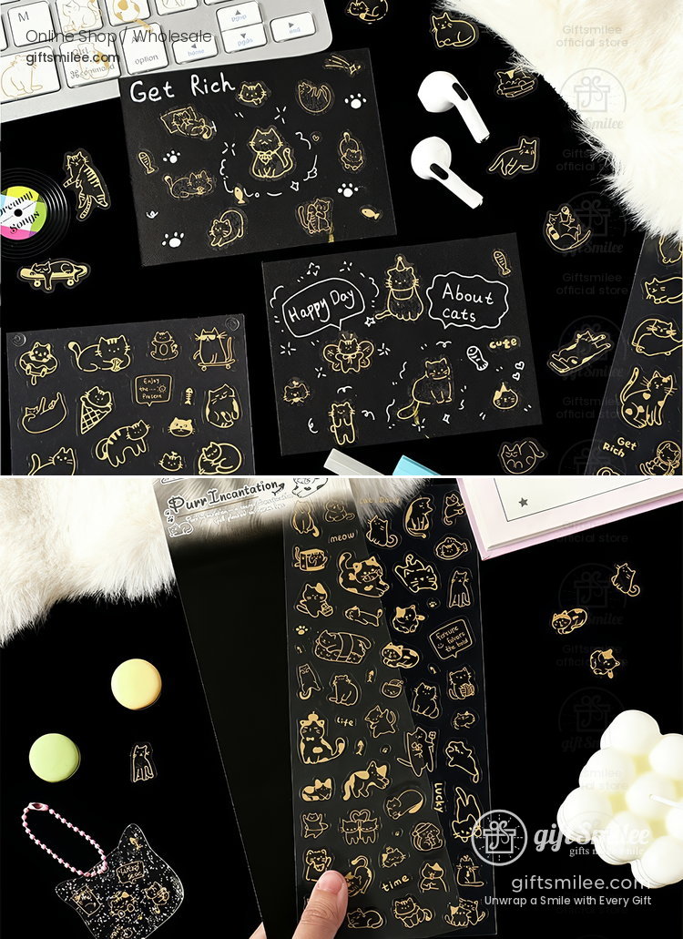Gold-Foil Pet Transparent Cat Doodles Decorative Stickers | KS-SA-4385