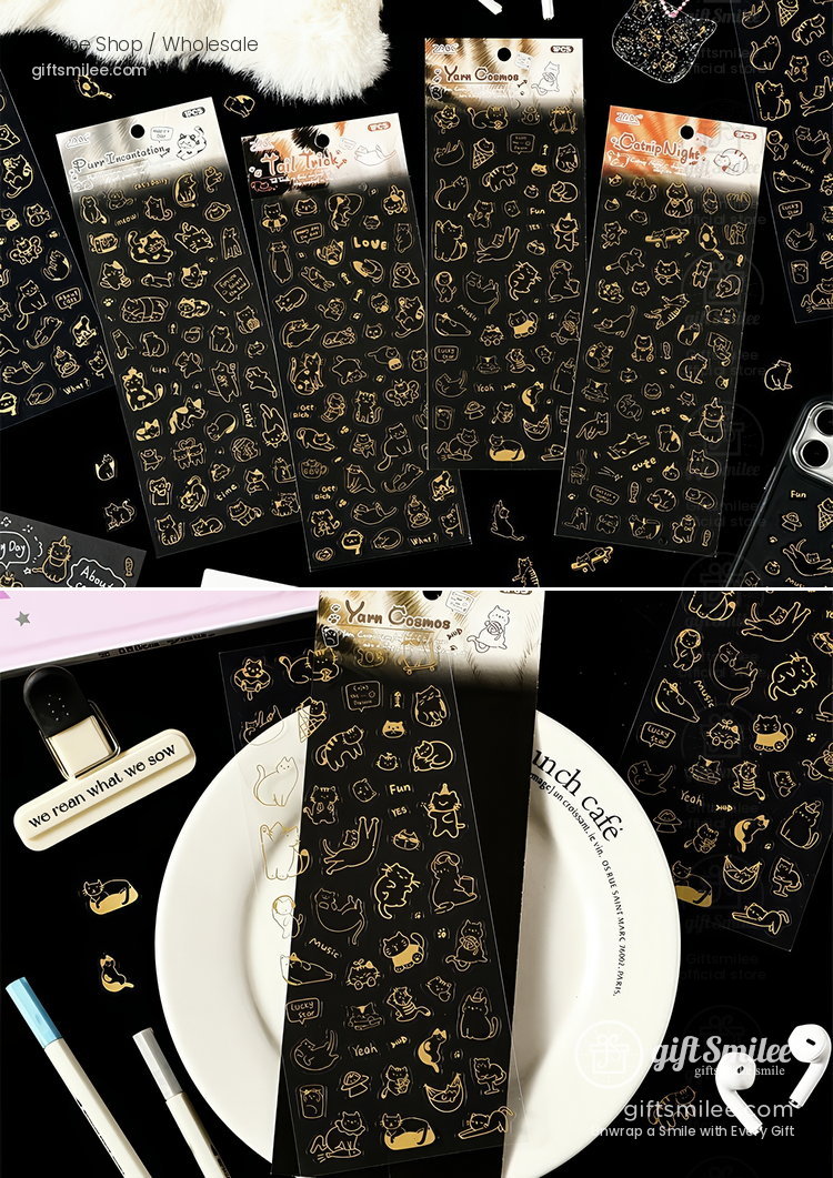 Gold-Foil Pet Transparent Cat Doodles Decorative Stickers | KS-SA-4385