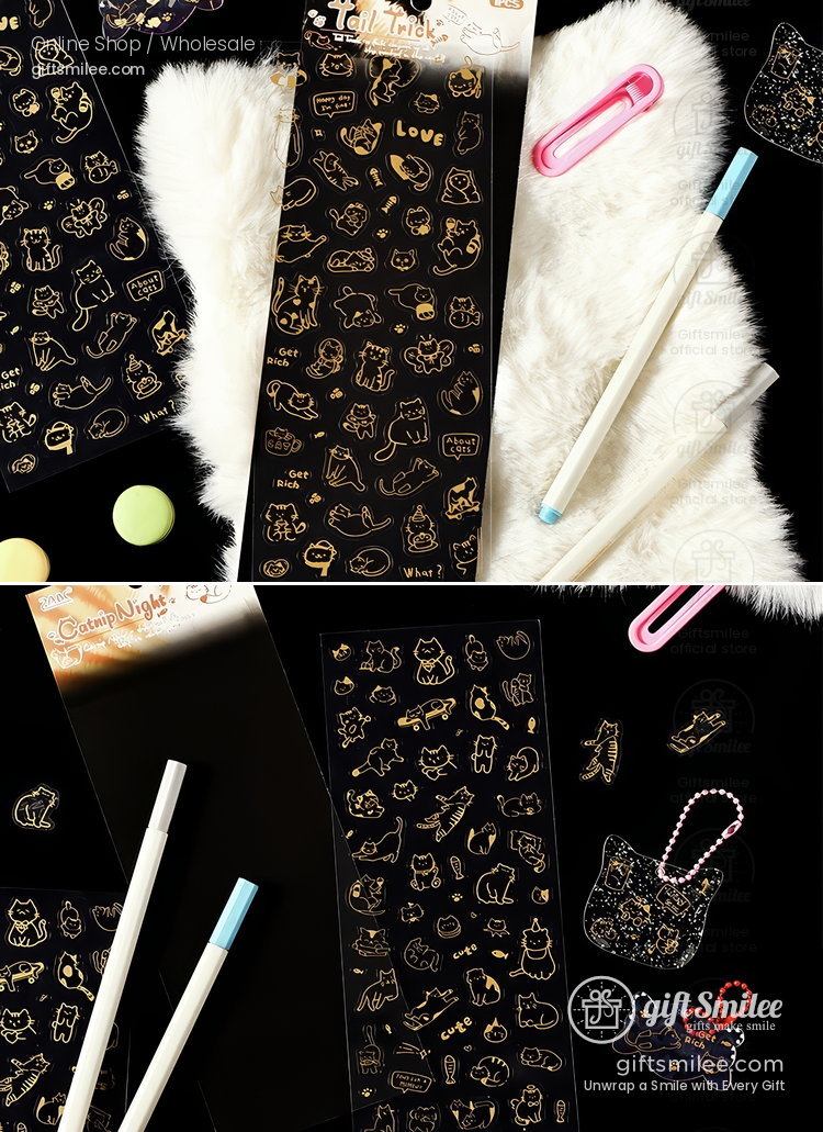 Gold-Foil Pet Transparent Cat Doodles Decorative Stickers | KS-SA-4385