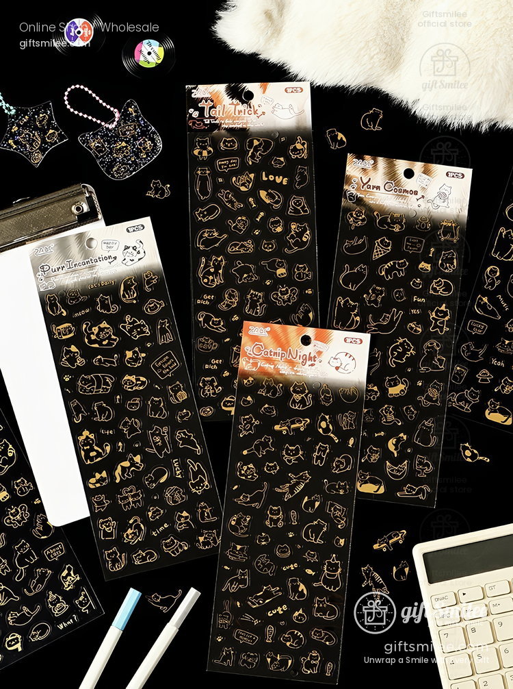 Gold-Foil Pet Transparent Cat Doodles Decorative Stickers | KS-SA-4385