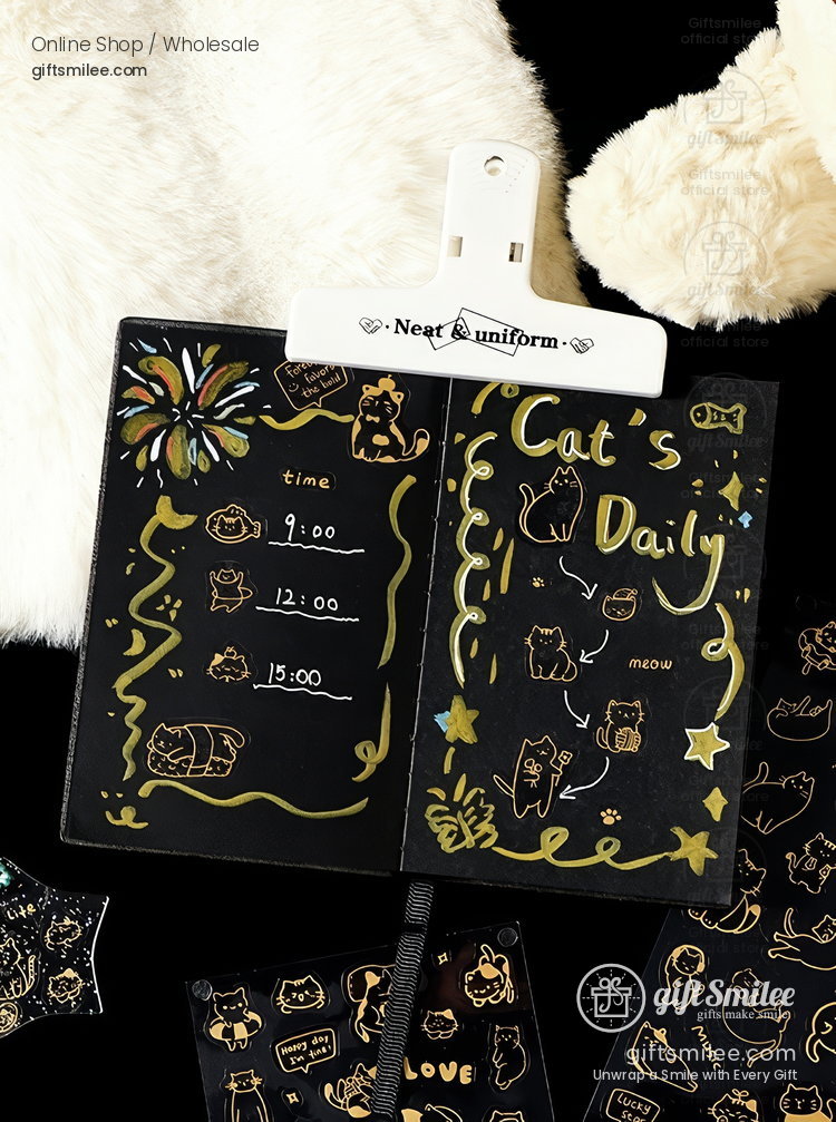 Gold-Foil Pet Transparent Cat Doodles Decorative Stickers | KS-SA-4385
