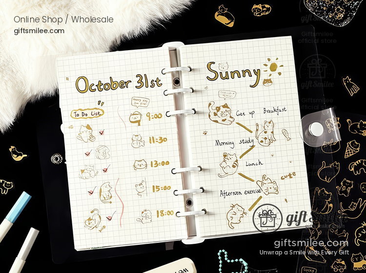 Gold-Foil Pet Transparent Cat Doodles Decorative Stickers | KS-SA-4385