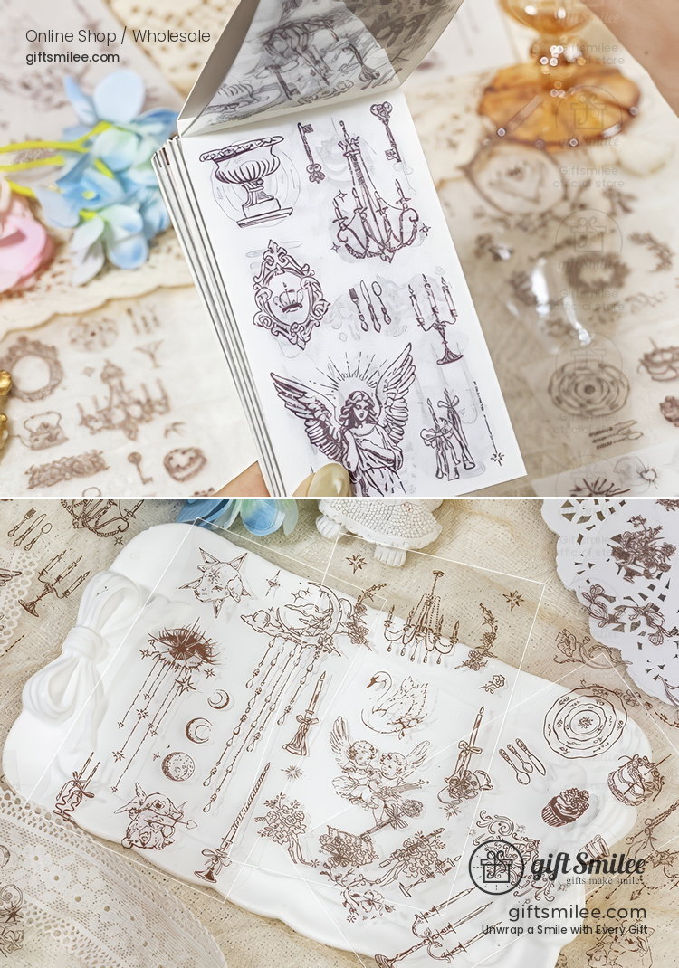 Dual-Material Kiss-Cut Vintage Line Art Sticker Book | KS-SA-4421