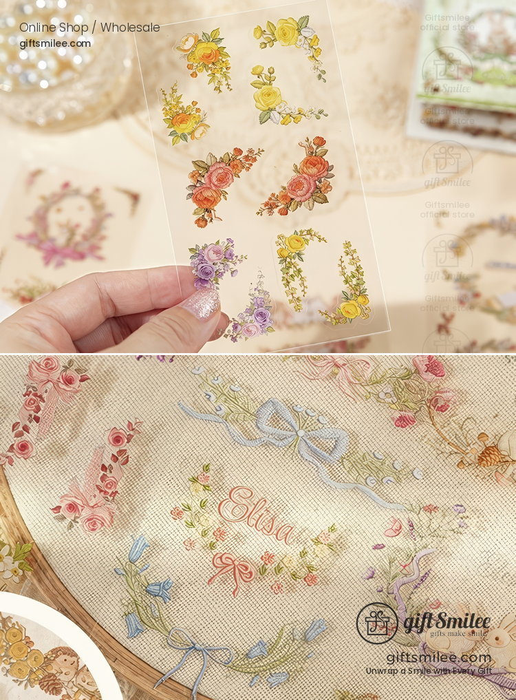 Dual-Material Embroidery-Style 20Pcs Floral Border Sticker Book | KS-SA-4423