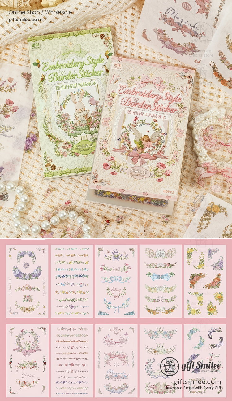 Dual-Material Embroidery-Style 20Pcs Floral Border Sticker Book | KS-SA-4423