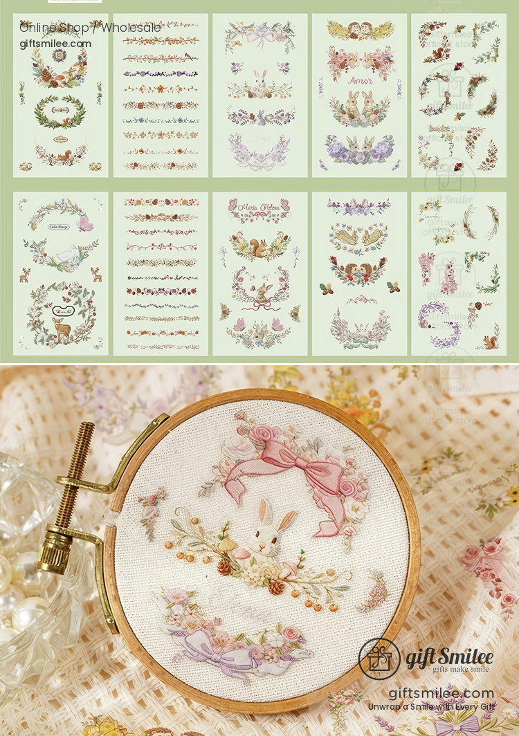 Dual-Material Embroidery-Style 20Pcs Floral Border Sticker Book | KS-SA-4423