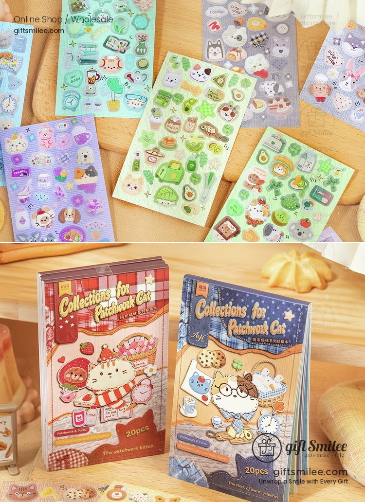 Glossy Paper Die-Cut Patchwork Cat 20Pcs Sticker Book | KS-SA-4424