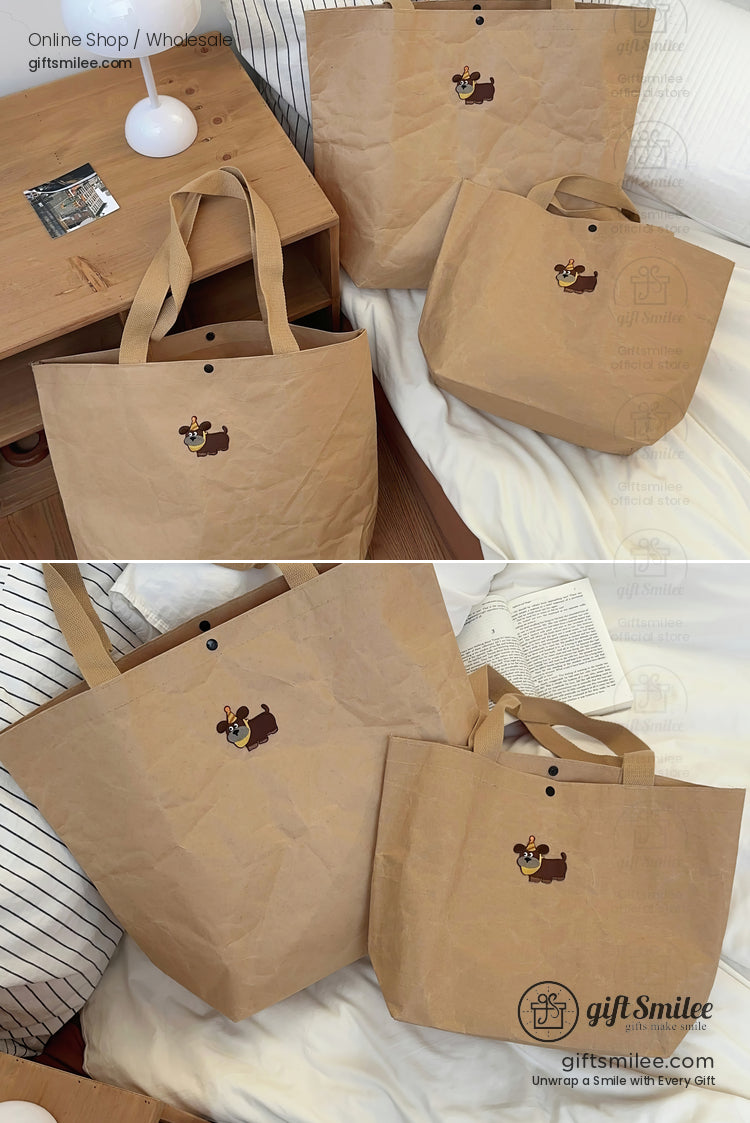 Set of brown kraft paper tote bags with dog print reinforced handles snap closures and minimalist ecofriendly design