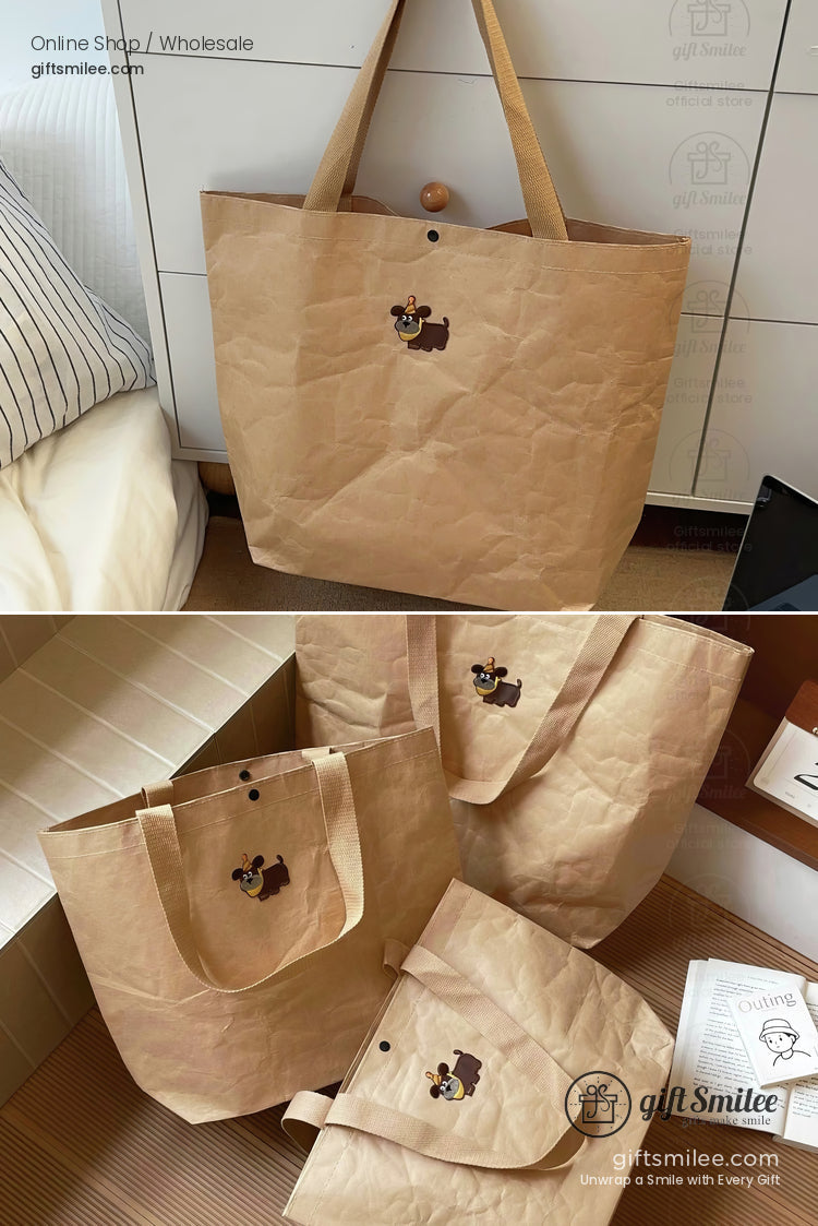 Beige kraft paper tote bags with brown handles button closure and a small dog graphic in a cartoon style