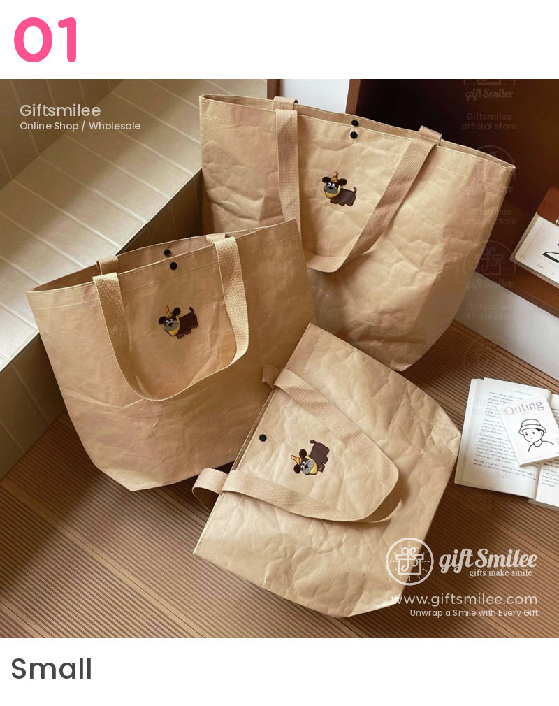 Light brown papertextured tote bags with beige straps snap closures and cute embroidered dog design