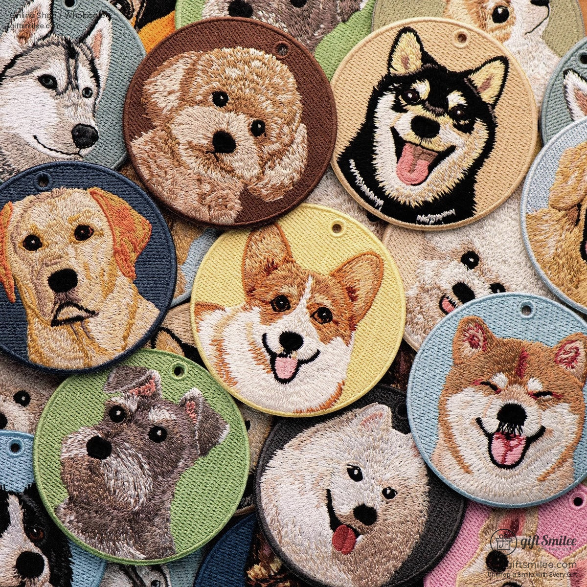 Colorful embroidered dog patches featuring breeds like corgi husky and poodle on circular fabric backings