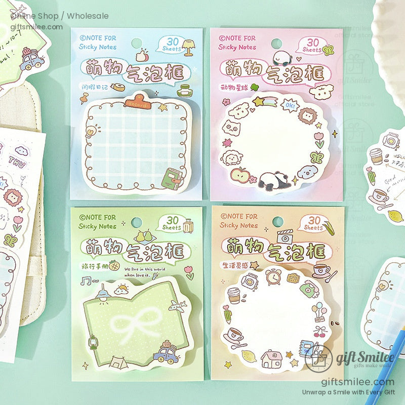 Pastel sticky note pads with cute animal and travelthemed illustrations including pandas stars and cameras