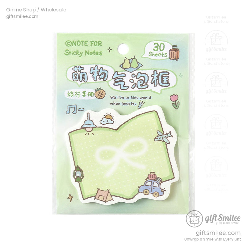 Pastel green sticky notes with a bow design 30 sheets whimsical travelthemed illustrations and playful accents
