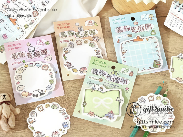 Assorted pastel sticky note pads with cute animal and doodle designs scalloped edges and 30 sheets per pad