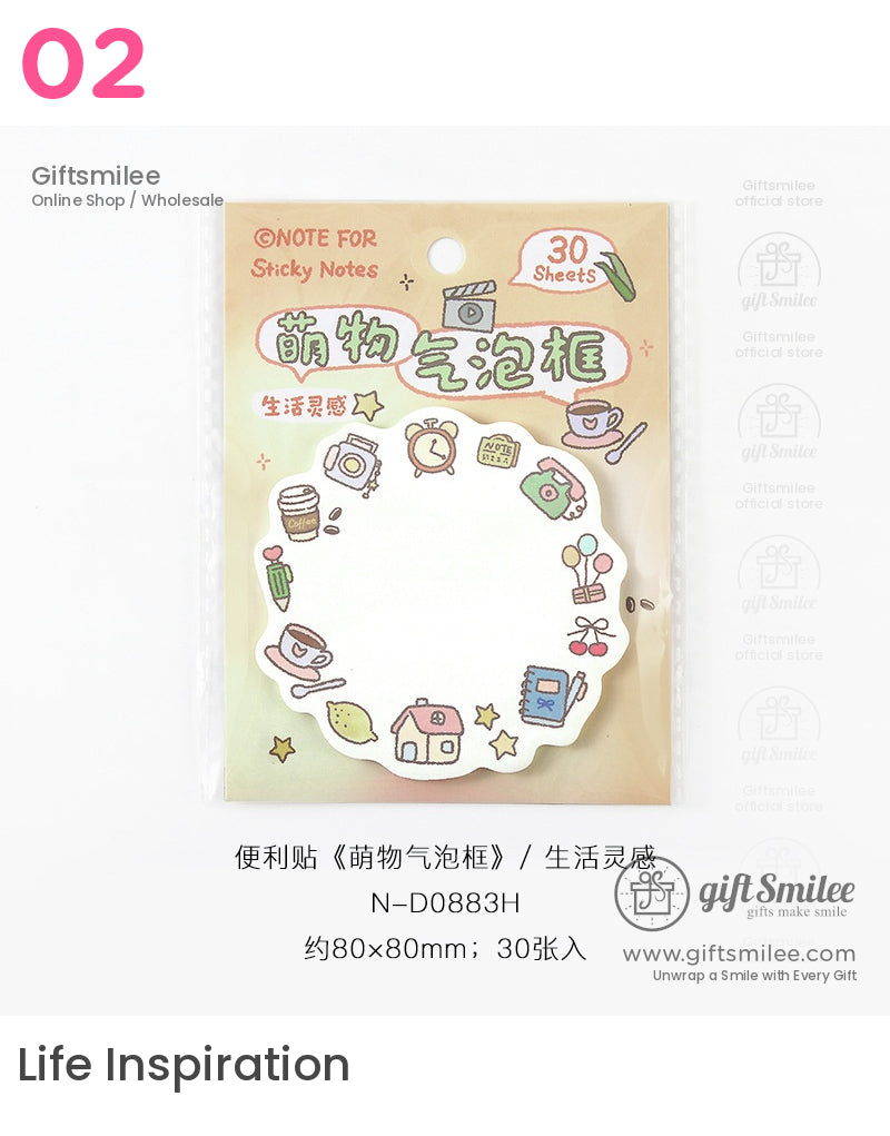 Scallopededge sticky notes with pastel doodles of coffee books and clocks 80x80mm pack of 30 sheets