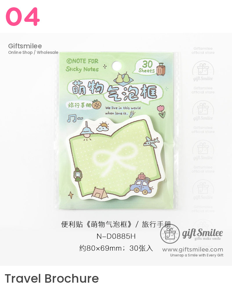 Green sticky notes shaped like a bubble frame with a white bow design featuring playful cartoon travel graphics 30 sheets