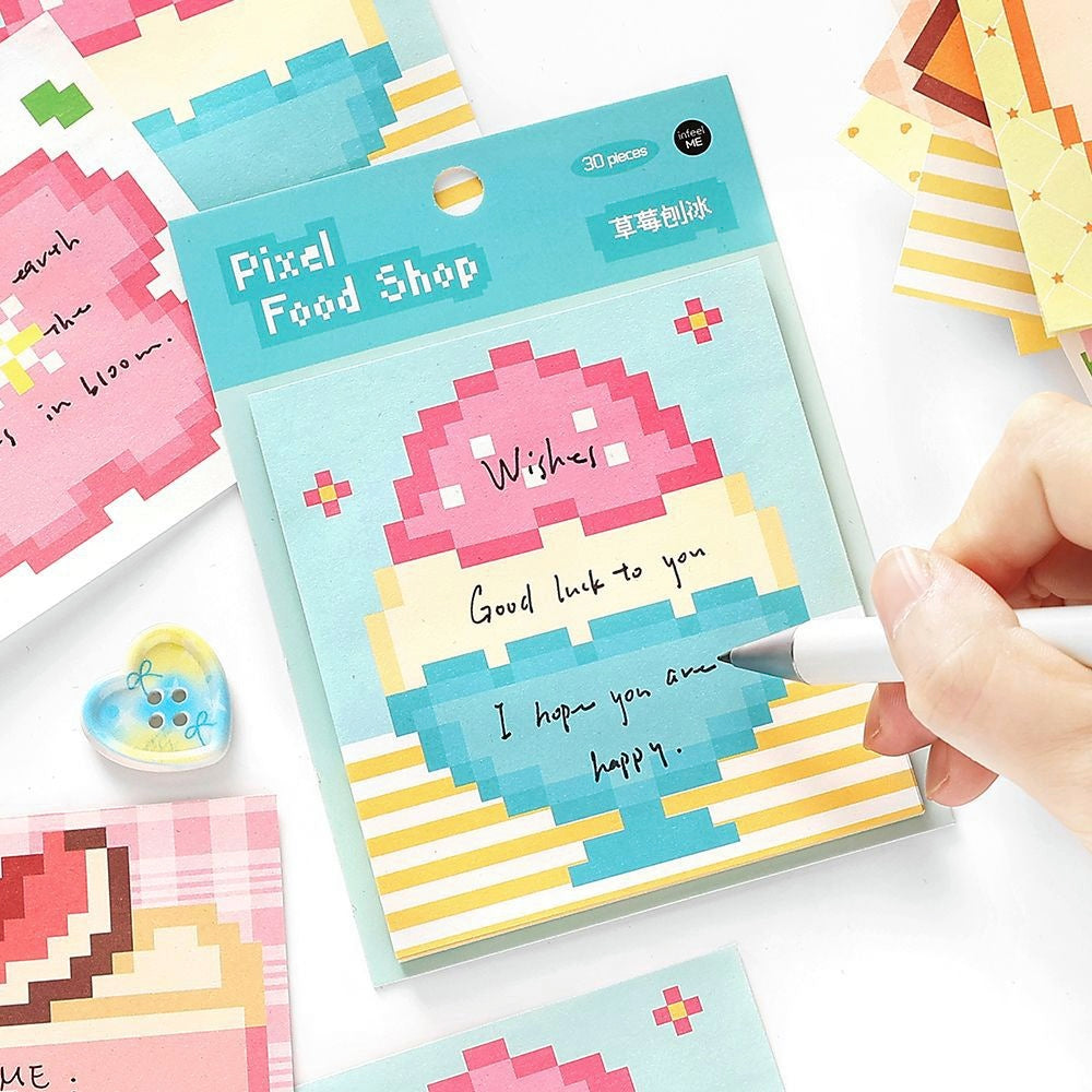 Pastel pixel art sticky notes featuring an ice cream design with pink blue and yellow tones ideal for messages
