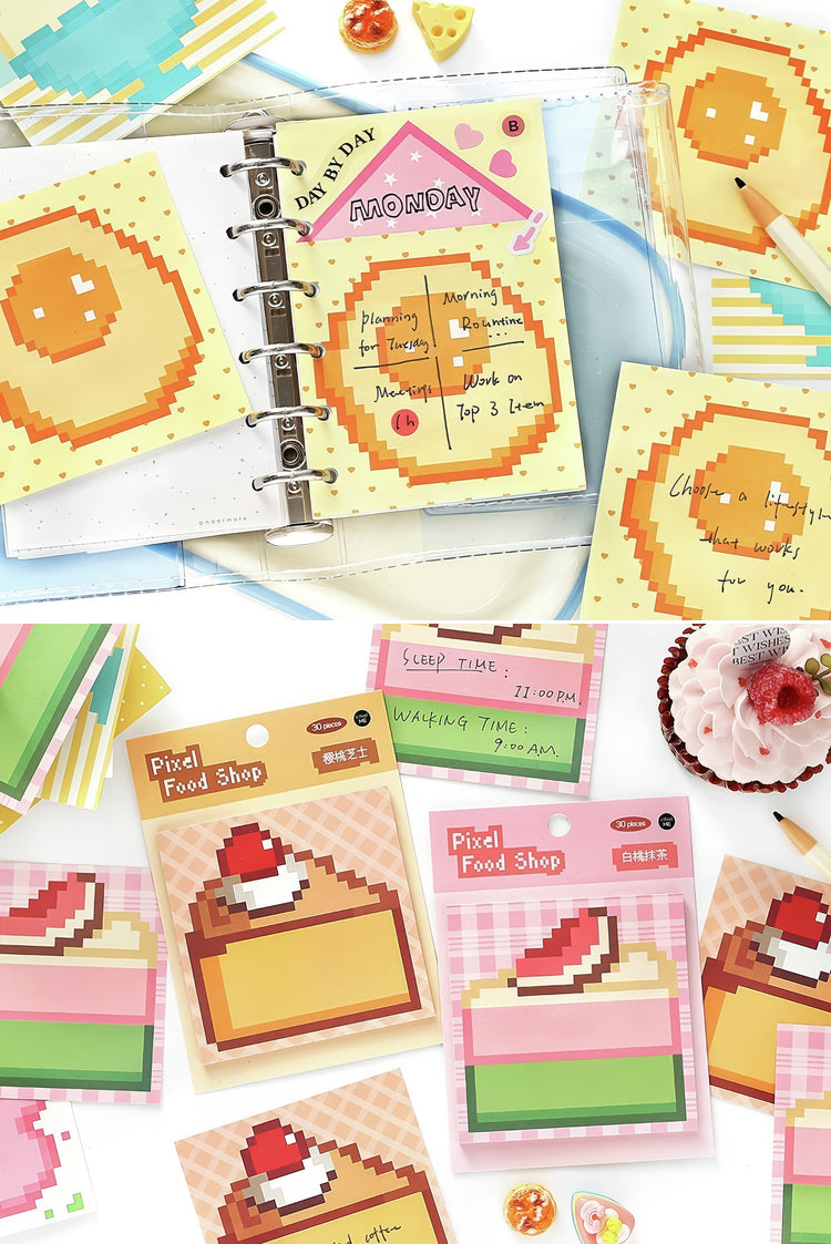 Colorful pixel art sticky notes with dessert designs and sunny side up egg prints perfect for planners and journaling