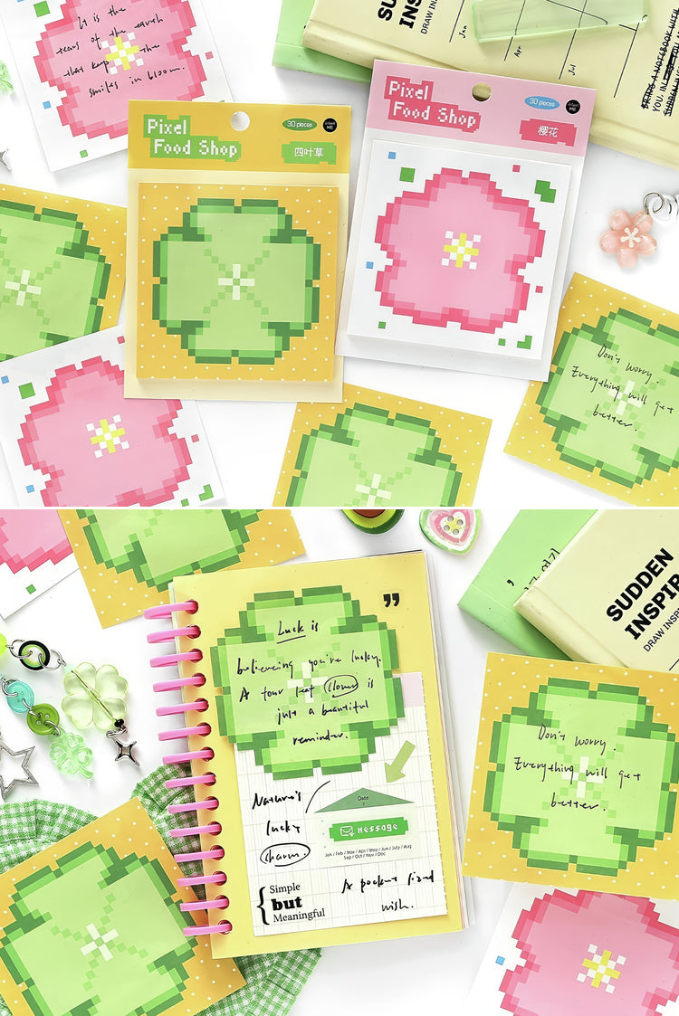 Pixelated green and pink flower sticky notes with yellow borders ideal for journaling and creative organization