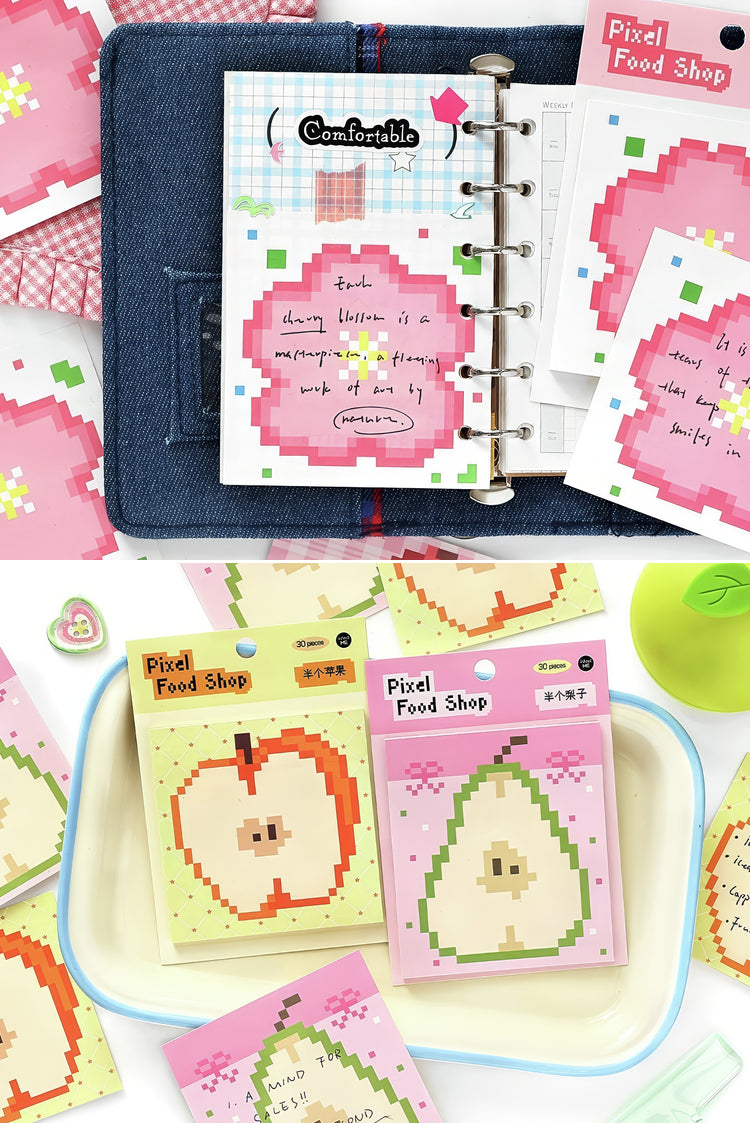 Retrostyle pixel art sticky notes with apple and pear designs in pink green and beige perfect for planners and journaling