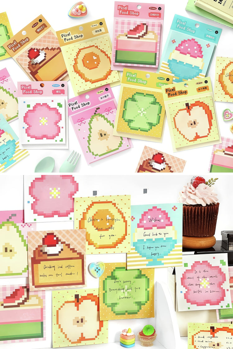 Colorful pixel art sticky notes in food shapes like watermelon cupcakes and fruits perfect for creative stationery