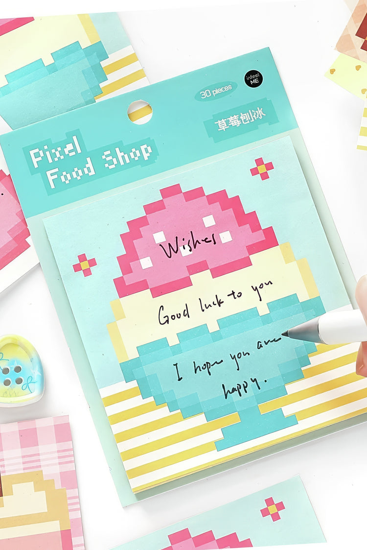 Pastel pixelstyle sticky notes with pink ice cream design yellow stripes and handwritten message space