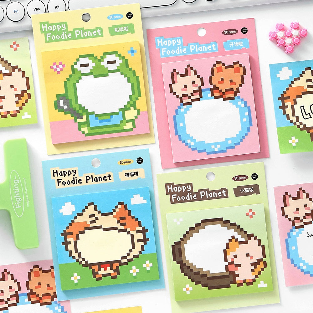Colorful pixel art sticky notes with cartoon animal designs pastel backgrounds and Happy Foodie Planet branding