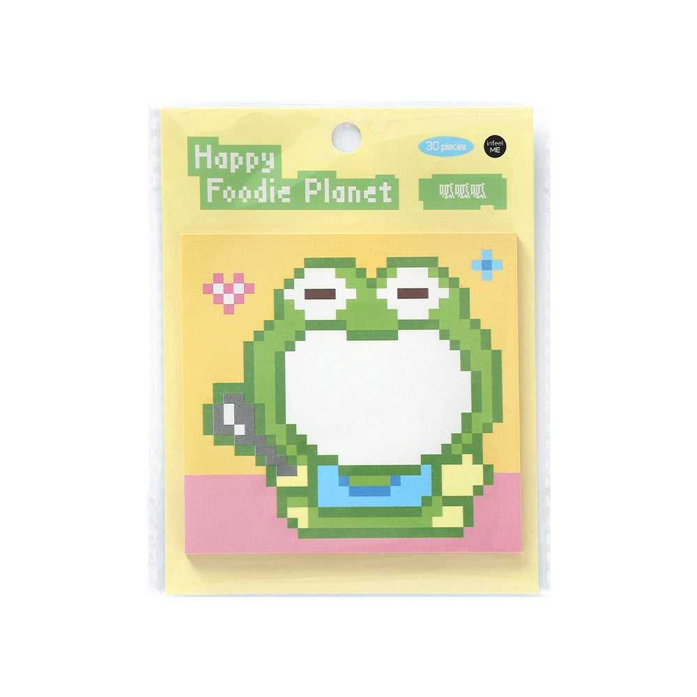 Yellow notepad set with pixelated green frog design pink heart detail and 30 sticky note sheets in playful packaging