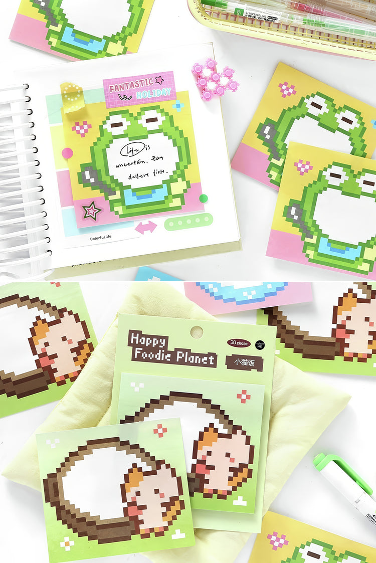 Colorful frog and pixel food sticky notes with playful designs pastel borders and compact sizes for planners