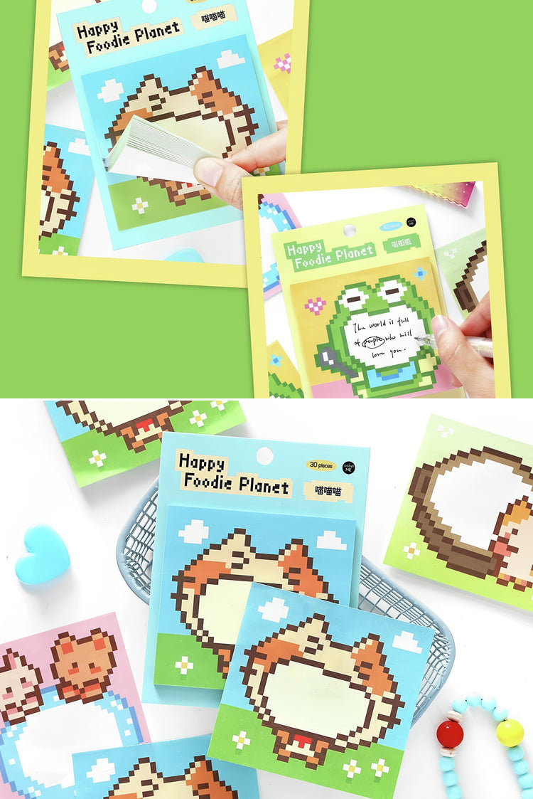 Pixel art animal sticky notes in pastel blue pink and green designs with playful Happy Foodie Planet text