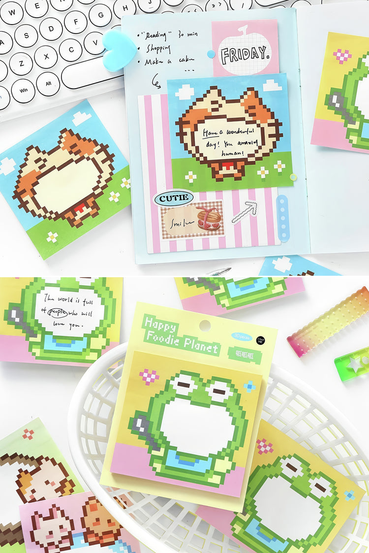 Colorful pixel art sticky notes with cartoon frog and cat designs pastel backgrounds and playful stationery accents