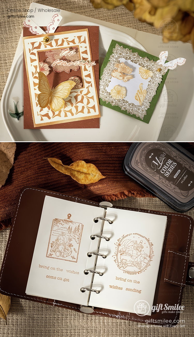 Handmade greeting cards with butterfly motifs intricate gold and green accents and a leatherbound journal featuring stamped designs