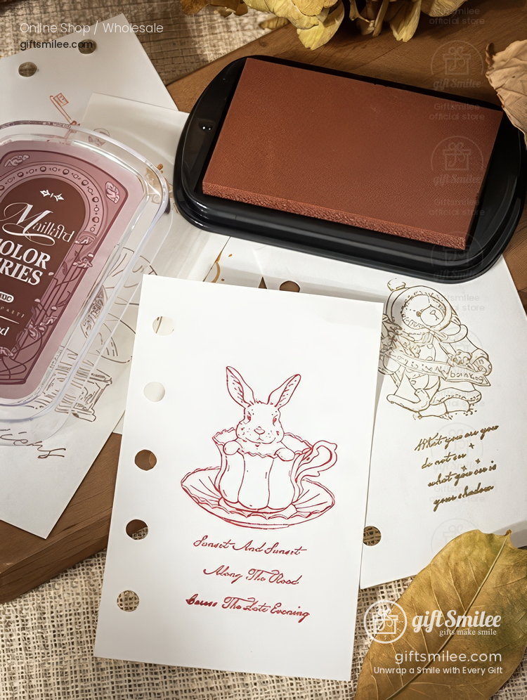 Vintagestyle rubber stamp set with brown ink pad decorative notecards and autumnthemed stationery accents