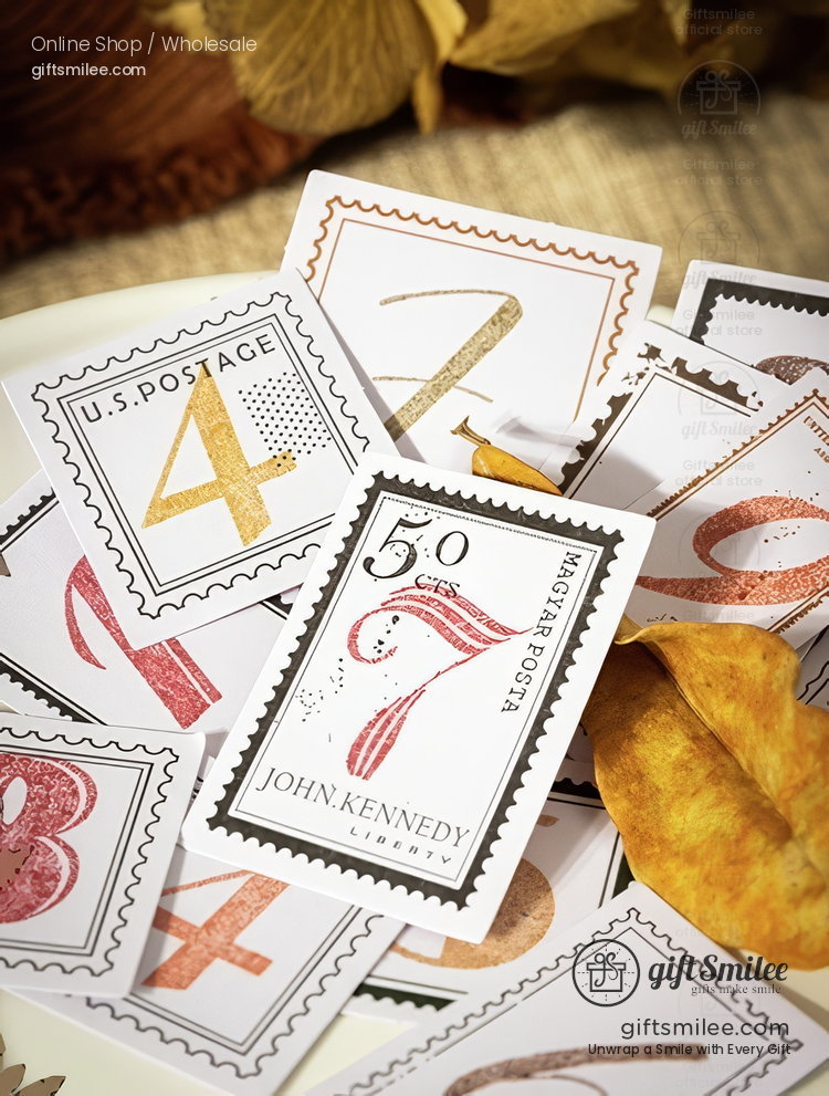 Assorted vintagestyle postage stamps with bold metallic numbers in gold and red set on a neutral background with fall leaves