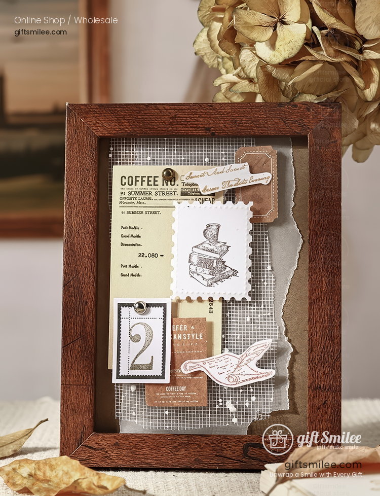 Rustic brown wooden frame showcasing vintageinspired paper collage with stamps neutral tones and textured details