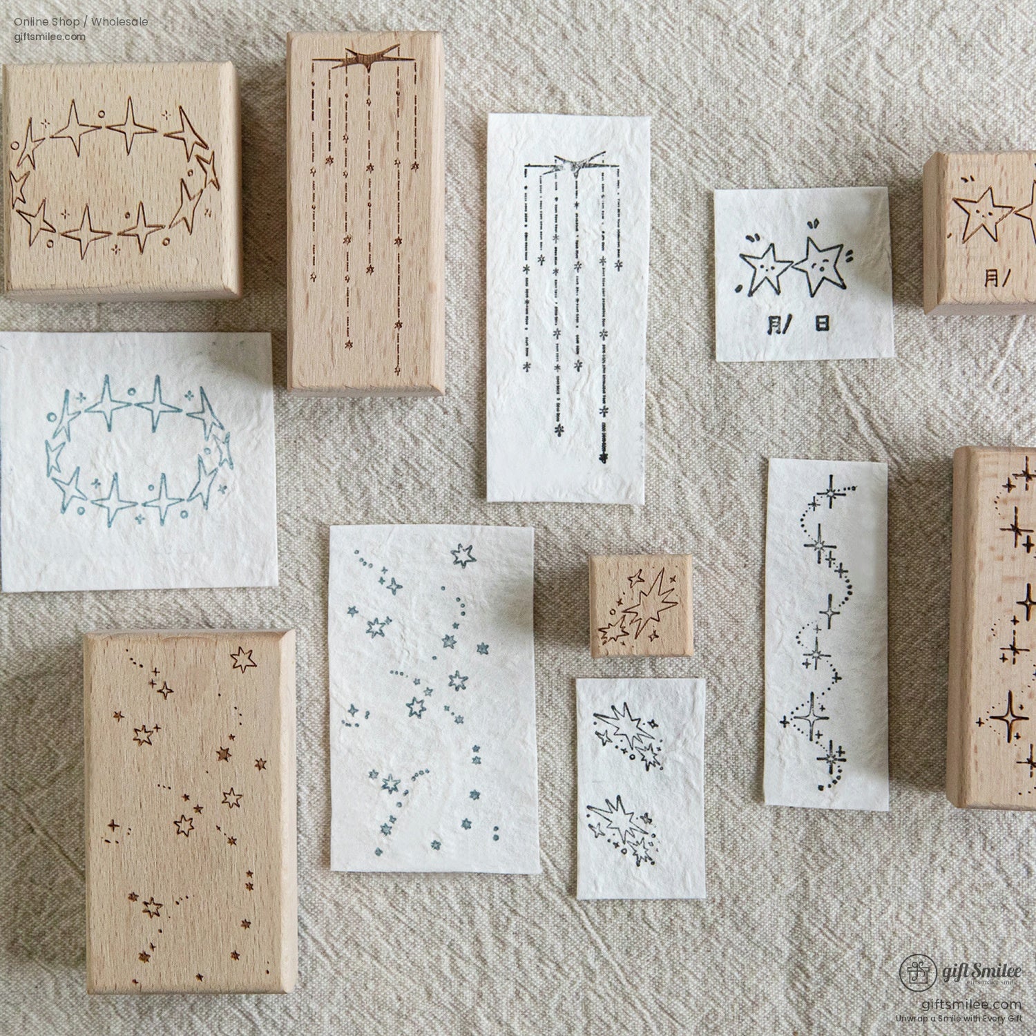 Beechwood Laser-Engraved Starry Motifs Wood Rubber Stamps | KS-WS-342