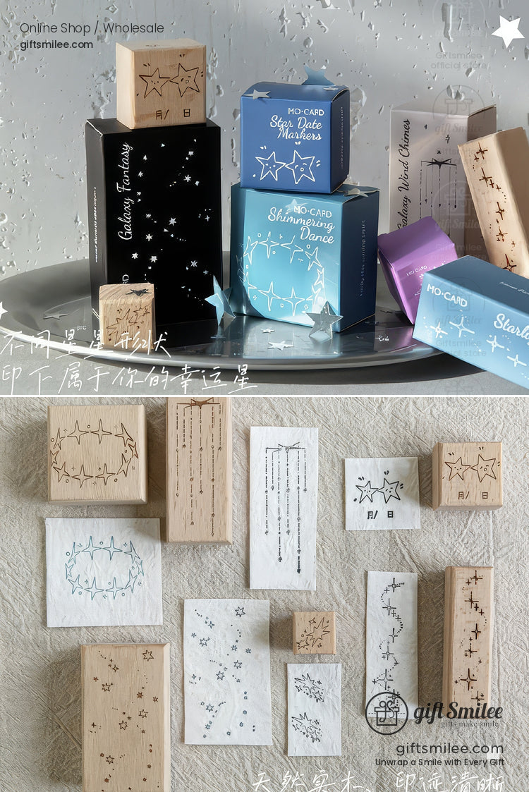 Beechwood Laser-Engraved Starry Motifs Wood Rubber Stamps | KS-WS-342