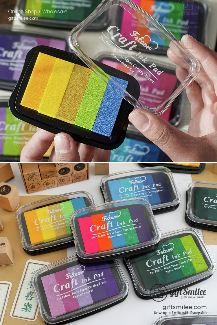 Multicolor craft ink pad with yellow orange green blue sections in transparent plastic casing ideal for stamping