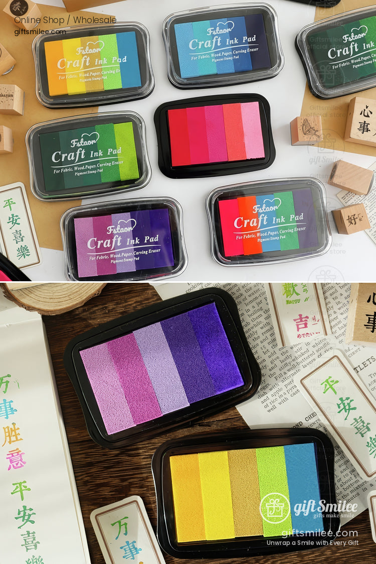 Multicolored craft ink pads in vibrant shades of green blue red purple and yellow housed in clear plastic cases