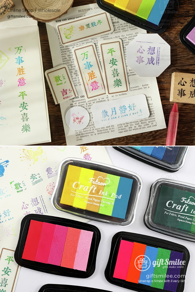 Multicolor craft ink pads in vibrant shades paired with decorative stationery items and handwritten scripts